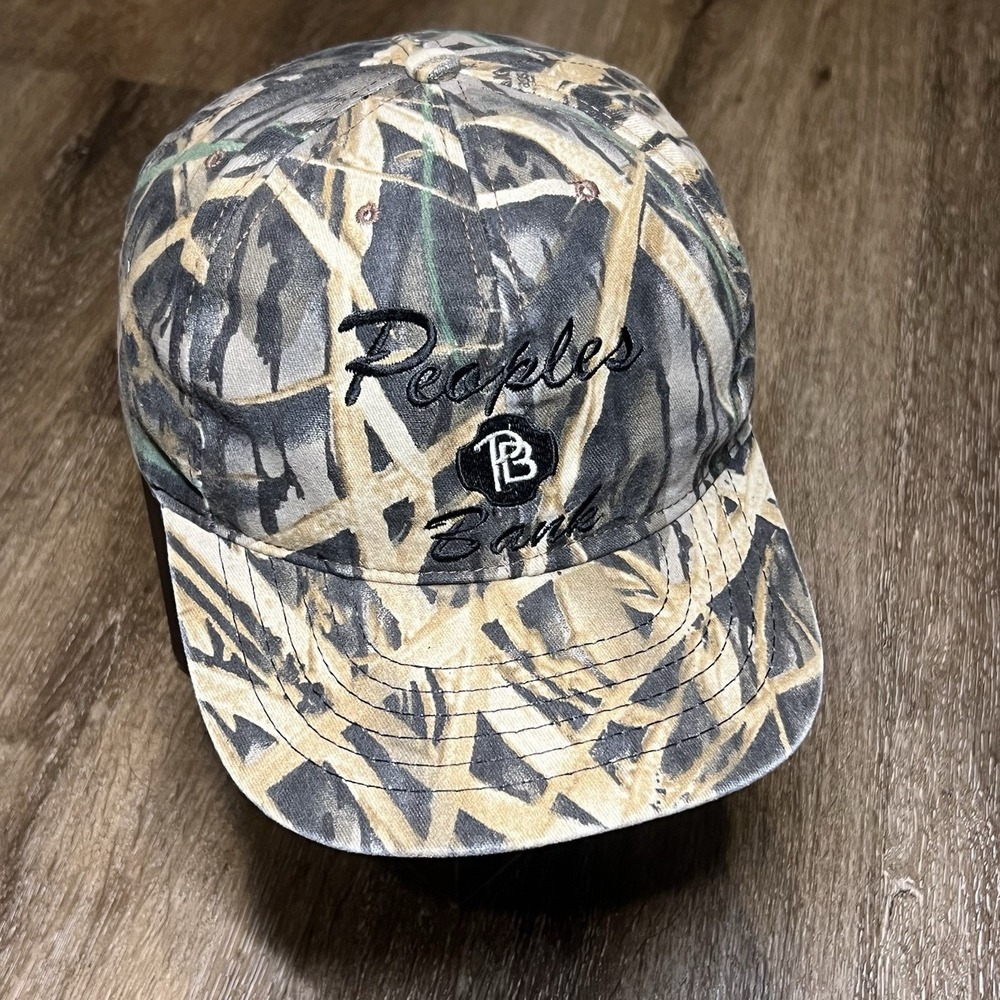 Vintage Camo Peoples Bank Snapback Hat Trucker Cap 80s 90s‎ Realtree Reed Grass